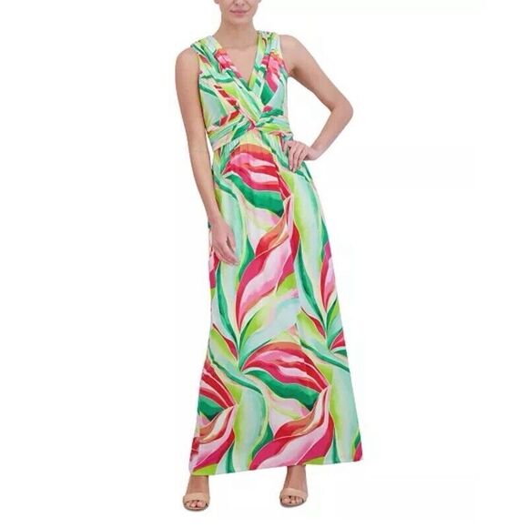Jessica Howard Maxi Dress Sz 6 Green Pink Tropical Floral Front Knot V-Neck - Picture 3 of 11
